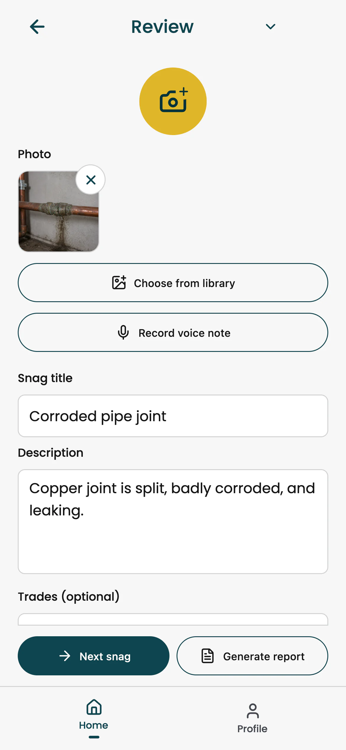 Snag capture form ready for a new site issue