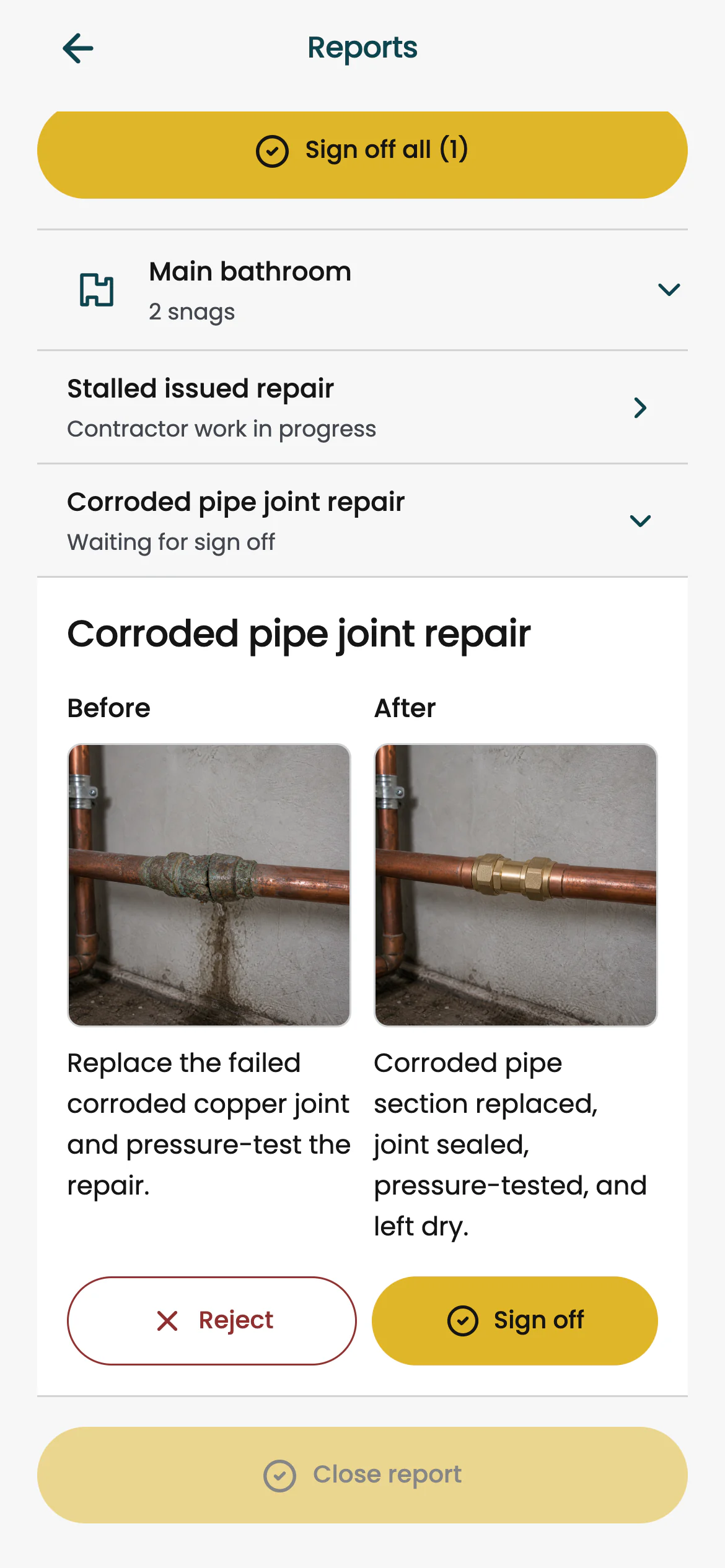 Before and after copper pipe evidence ready for project lead sign-off